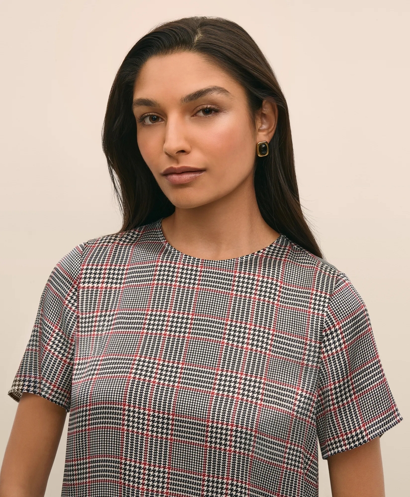 Washable Silk Charmeuse Plaid Short-Sleeve Top, image 2