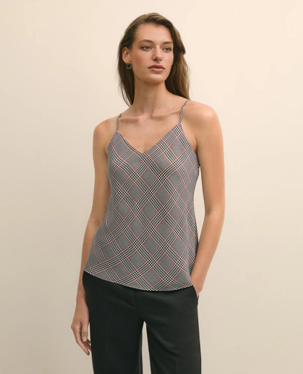 V-Neck Glen Plaid Print Camisole in Washable Silk Charmeuse, image 1