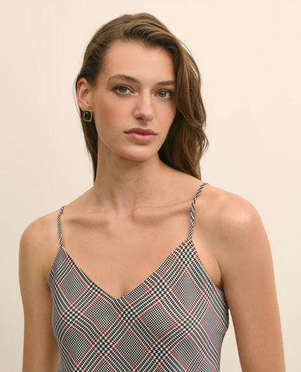 V-Neck Glen Plaid Print Camisole in Washable Silk Charmeuse, image 3