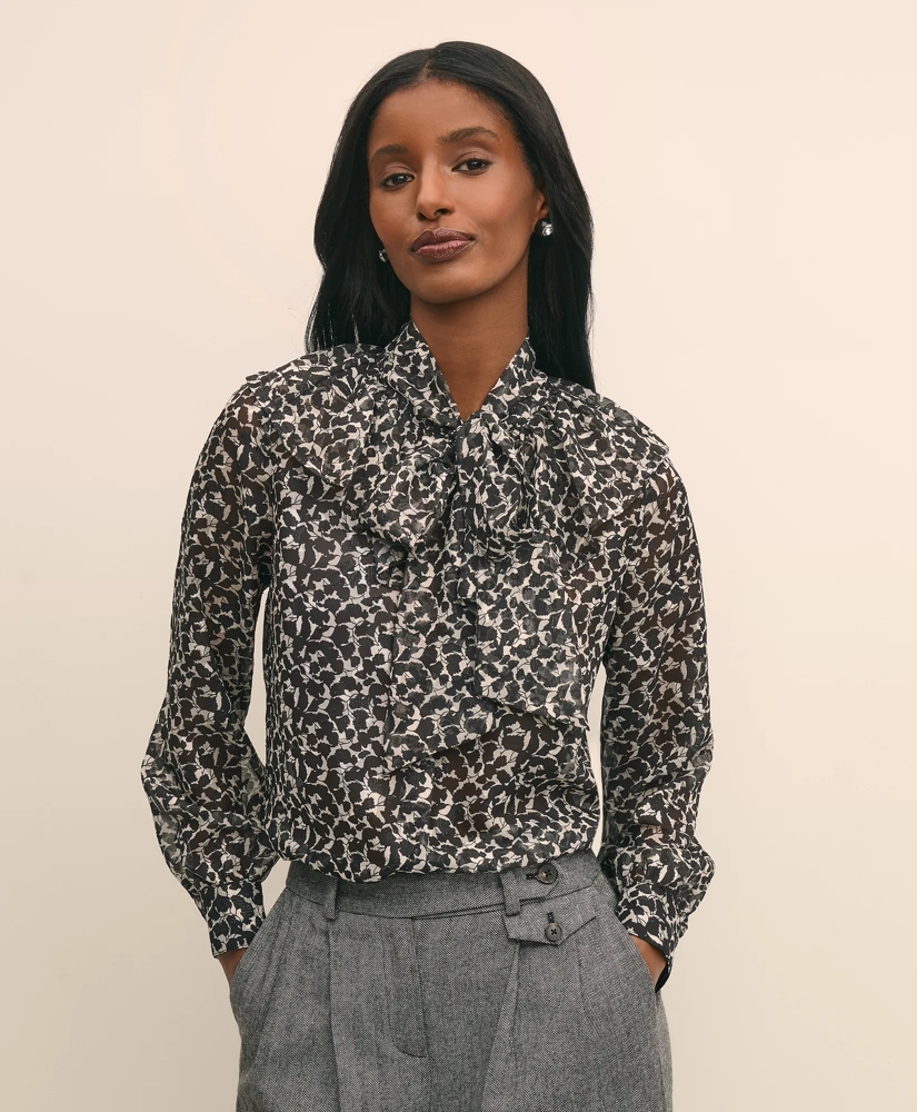Leaf-Print Jacquard Bow-Neck Blouse