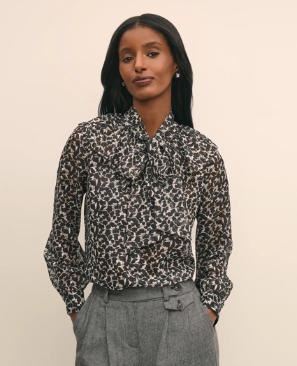 Leaf-Print Jacquard Bow-Neck Blouse, image 1