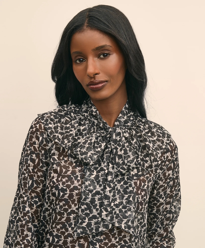Leaf-Print Jacquard Bow-Neck Blouse, image 3