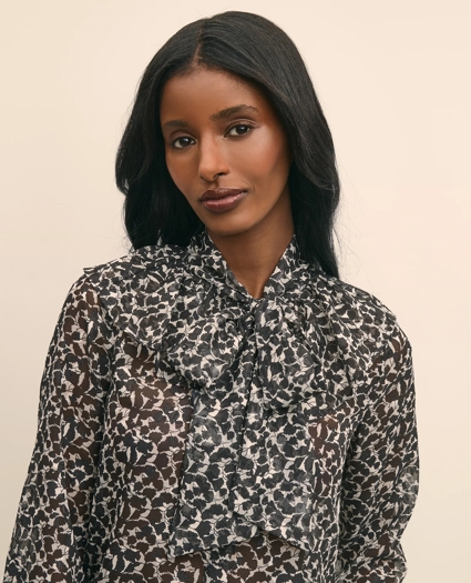 Leaf-Print Jacquard Bow-Neck Blouse, image 3