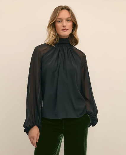 Silk Contrast-Sleeve Blouse, image 1