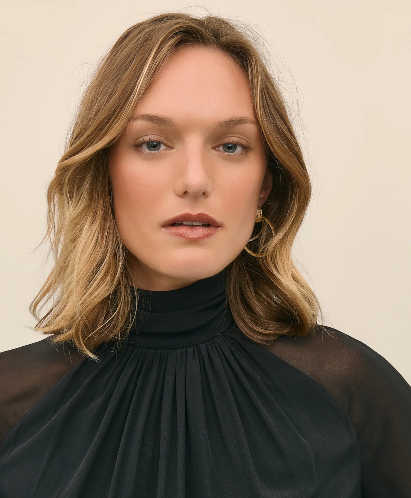 Silk Contrast-Sleeve Blouse, image 3
