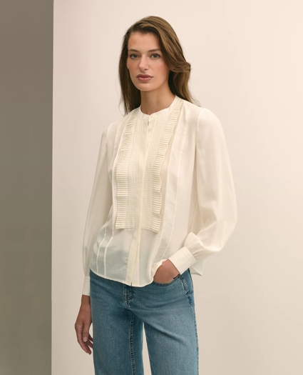 Silk Haboti Pintucked Band-Collar Blouse, image 1