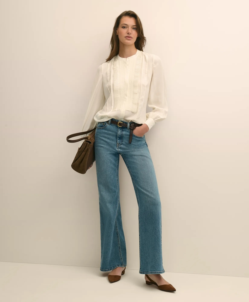 Silk Haboti Pintucked Band-Collar Blouse, image 2