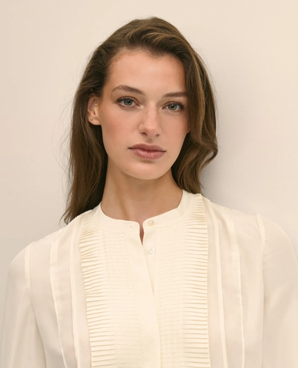 Silk Haboti Pintucked Band-Collar Blouse, image 3
