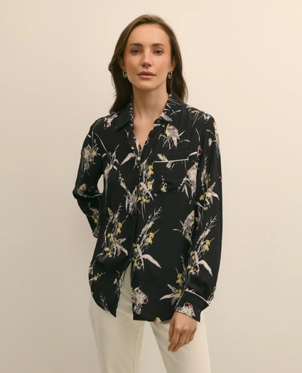 Crepe Viscose Relaxed Bird-Print Blouse, image 1