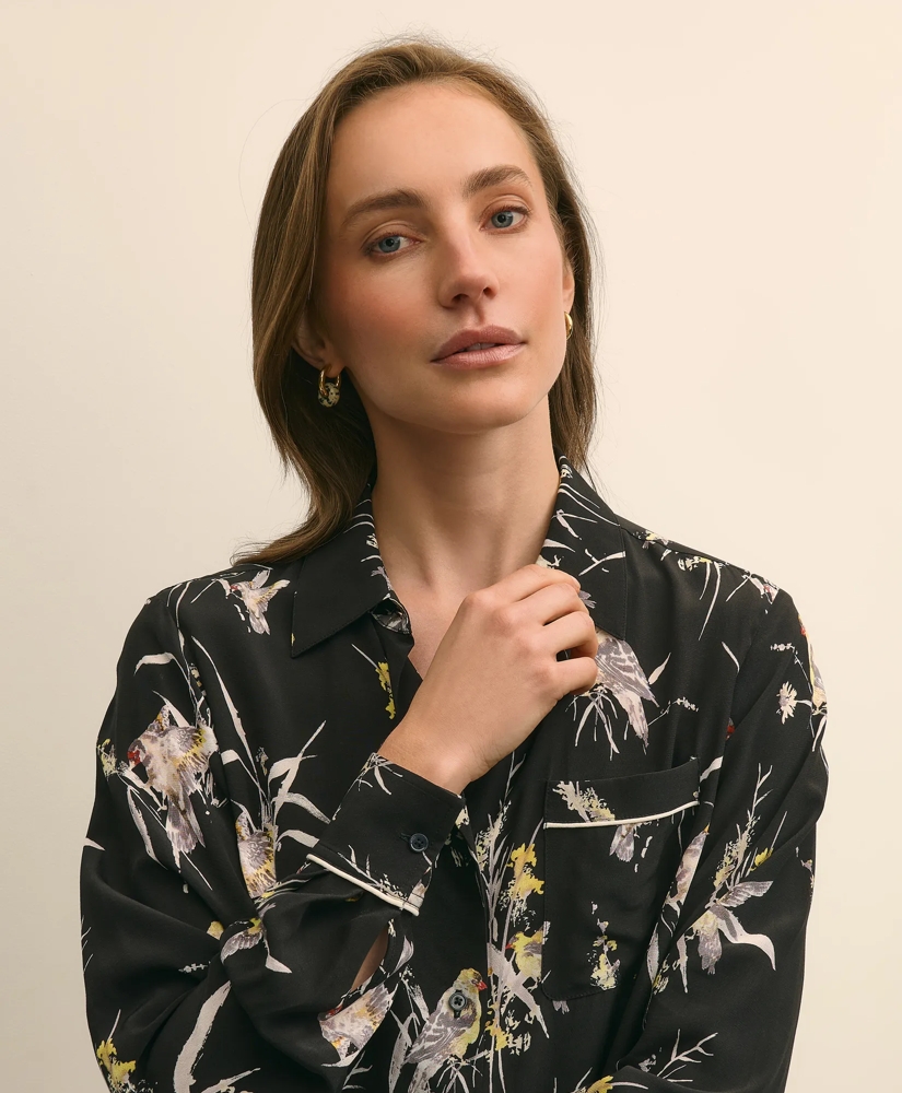 Crepe Viscose Relaxed Bird-Print Blouse, image 3