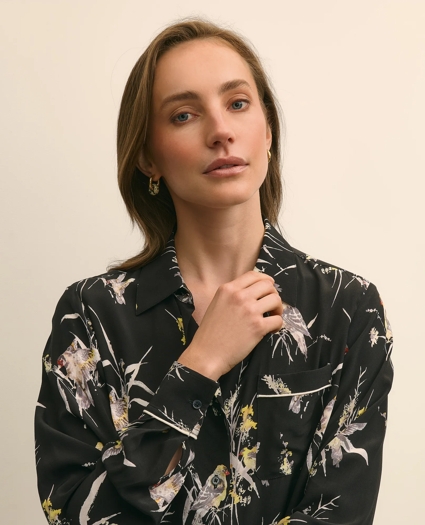 Crepe Viscose Relaxed Bird-Print Blouse, image 3