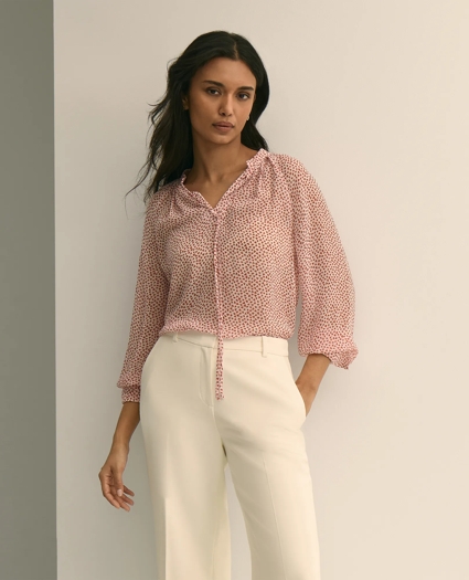 Silk Georgette Heart-Motif Peasant Blouse, image 1