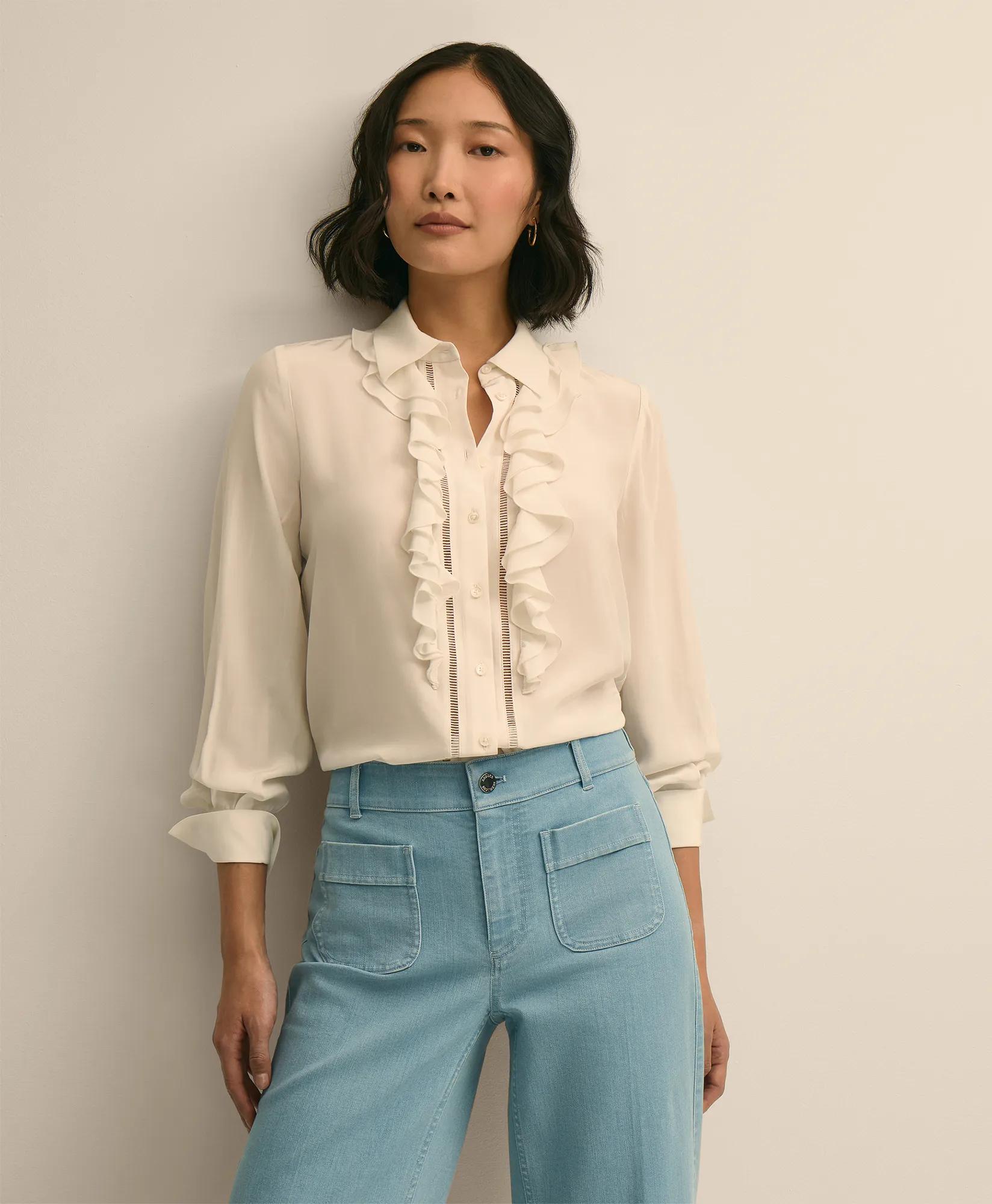 Viscose Ruffle Open-Stitch Placket Blouse primary