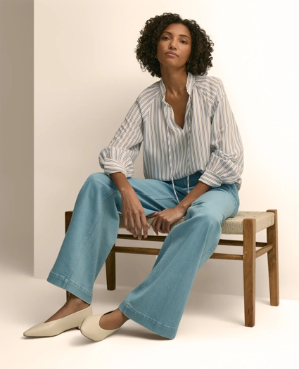 Relaxed Tie-Neck Stripe Peasant Blouse, image 1