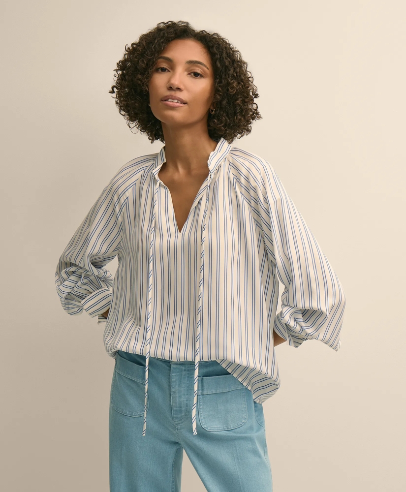 Relaxed Tie-Neck Stripe Peasant Blouse, image 4