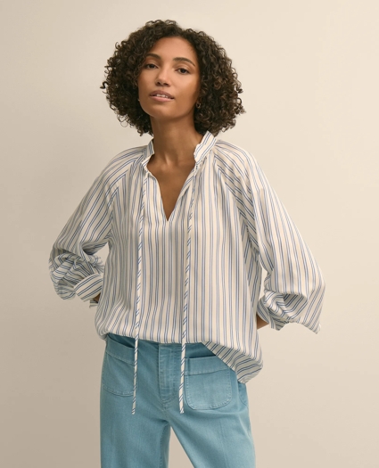 Relaxed Tie-Neck Stripe Peasant Blouse, image 4