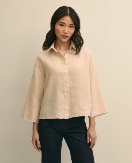 Linen Relaxed Bell-Sleeve Cropped Shirt, image 1
