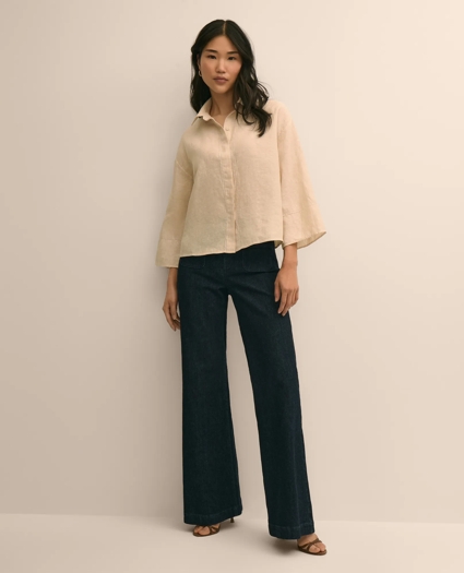 Linen Relaxed Bell-Sleeve Cropped Shirt, image 2