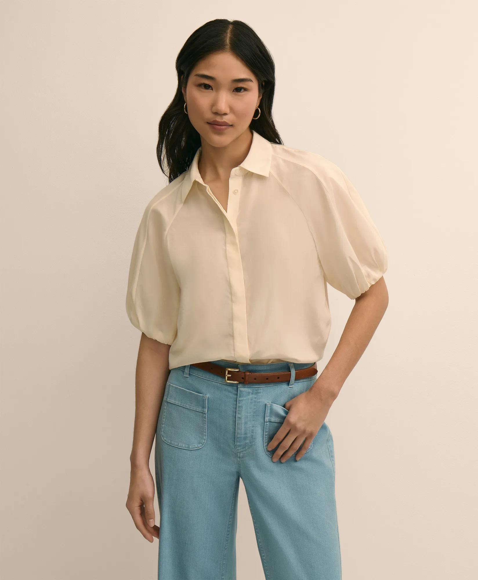 Silk-Cotton Elbow-Bubble-Sleeve Shirt primary
