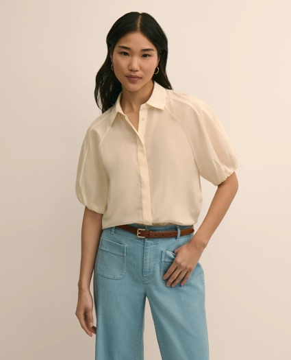 Silk-Cotton Elbow-Bubble-Sleeve Shirt, image 1