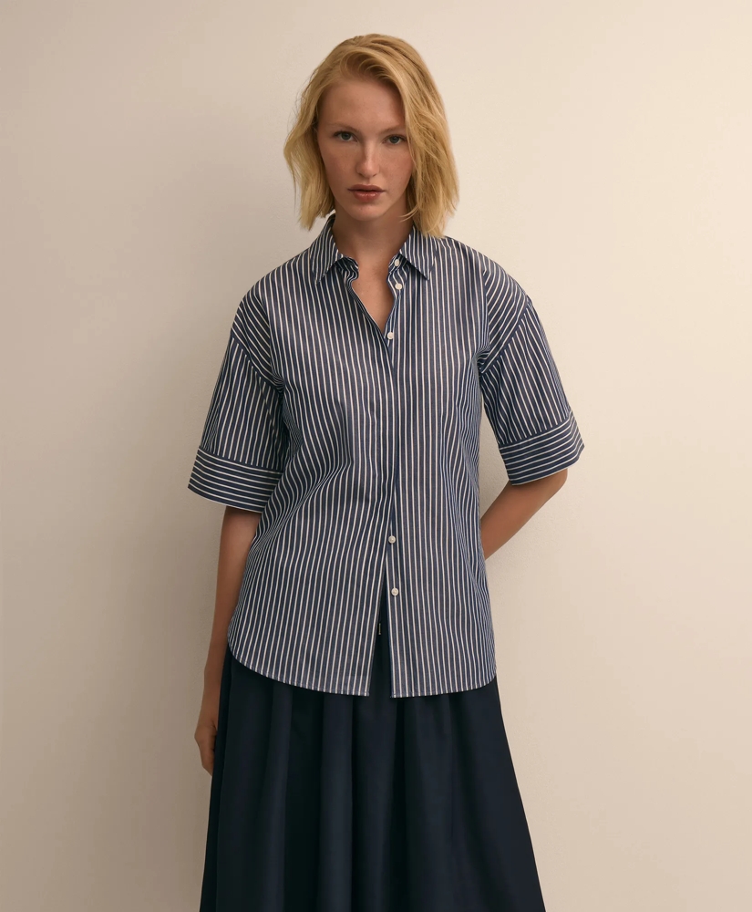 Cotton Short-Sleeve Drop-Shoulder Striped Shirt, image 1