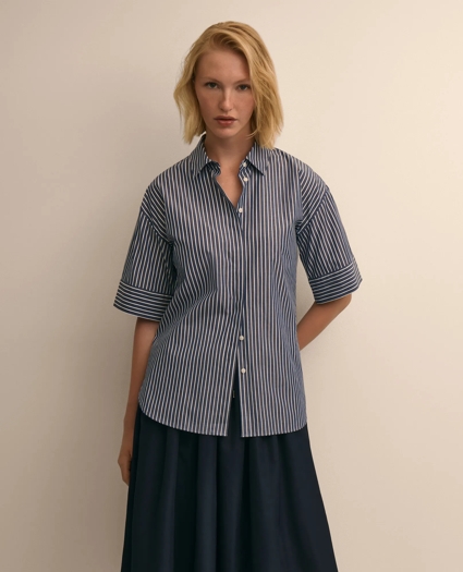 Cotton Short-Sleeve Drop-Shoulder Striped Shirt, image 1