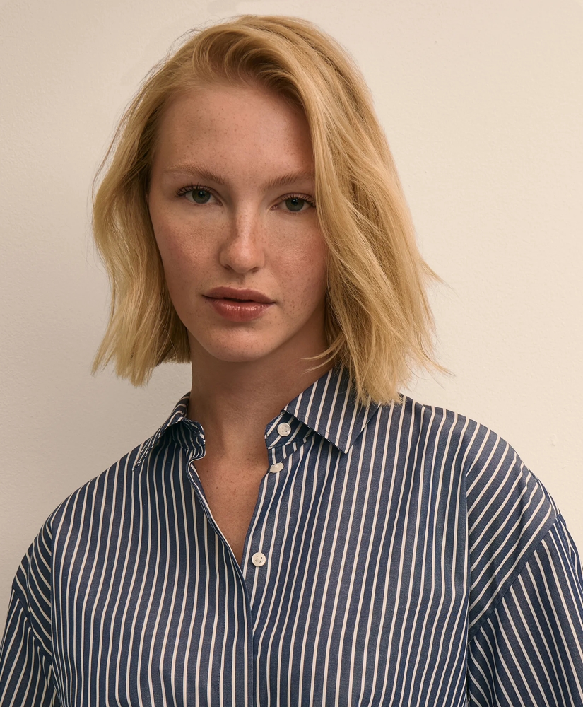 Cotton Short-Sleeve Drop-Shoulder Striped Shirt, image 3