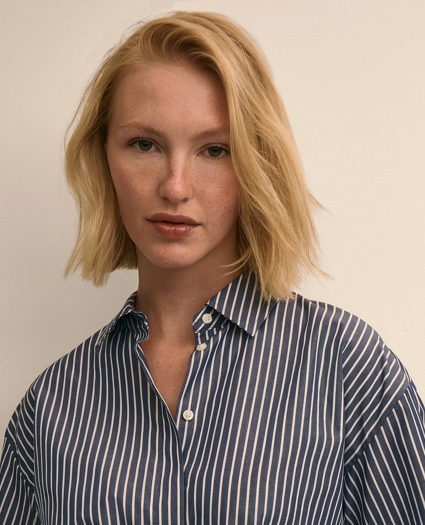Cotton Short-Sleeve Drop-Shoulder Striped Shirt, image 3
