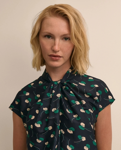 Silk Twist-Neck Leaf Blouse, image 3