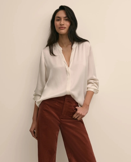 Silk Open V-Neck Blouse, image 1