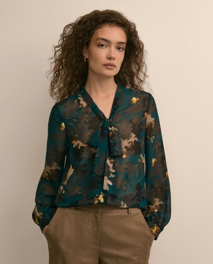 Leaf Motif Tie-Neck Blouse, image 1