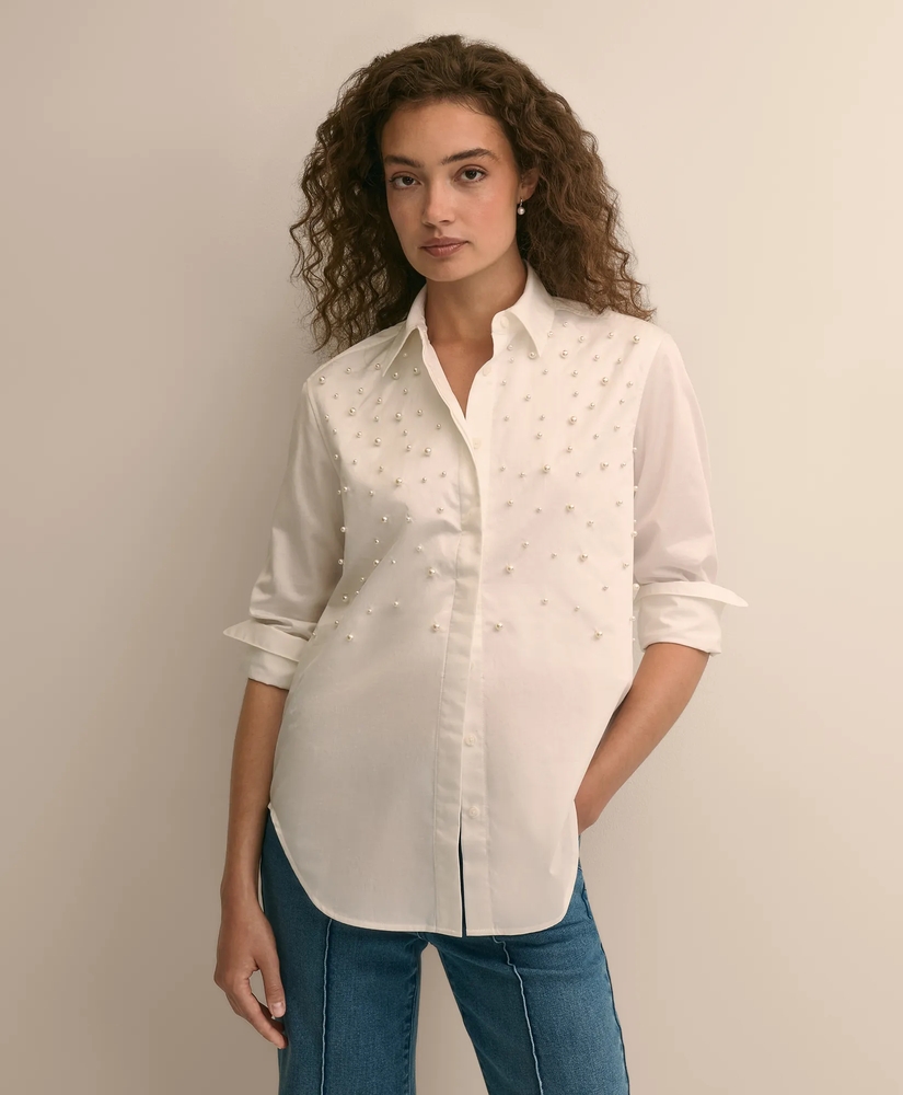 Cotton Faux-Pearl-Embellished Relaxed Shirt, image 3