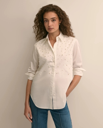 Cotton Faux-Pearl-Embellished Relaxed Shirt, image 3