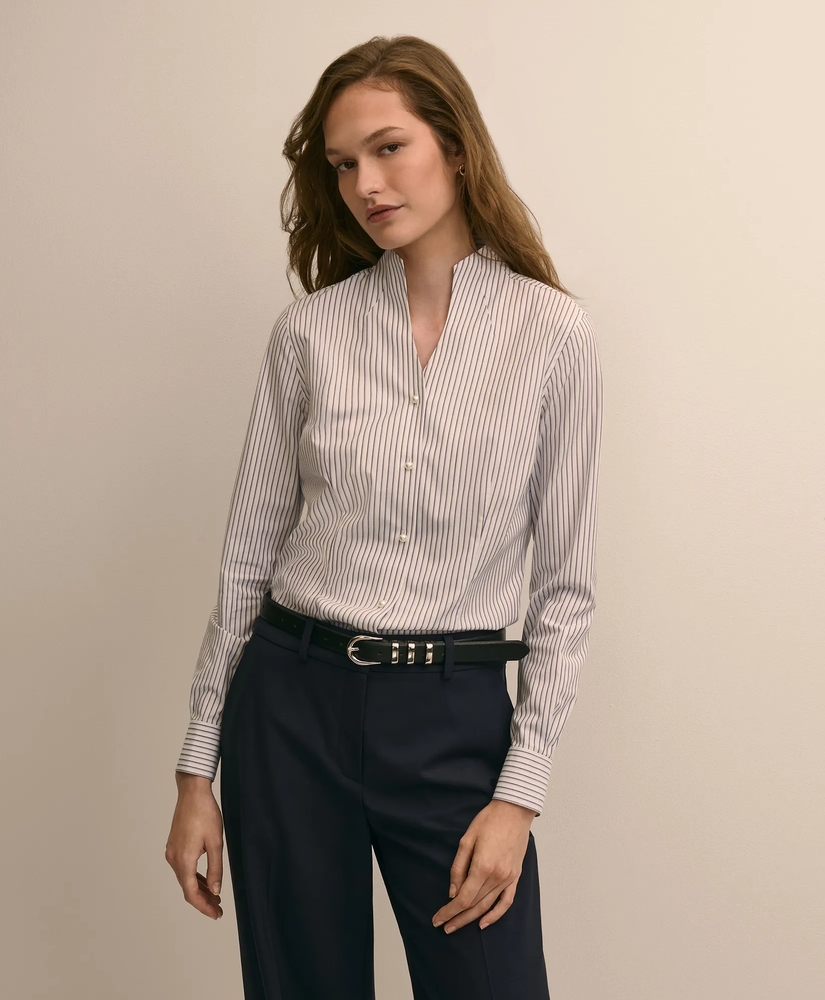 Non-Iron Stretch Cotton Striped Mock-Neck Shirt, image 1