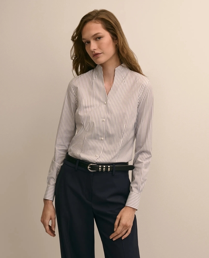 Non-Iron Stretch Cotton Striped Mock-Neck Shirt, image 1