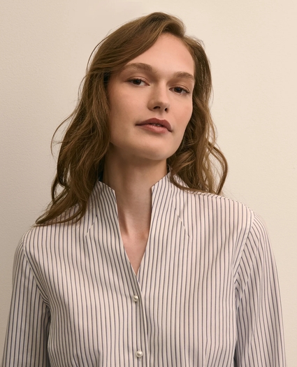 Non-Iron Stretch Cotton Striped Mock-Neck Shirt, image 3