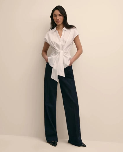 Cotton Dobby Open Point-Collar Belted Shirt, image 2