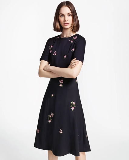 Floral-Embroidered Stretch Wool Dress, image 1