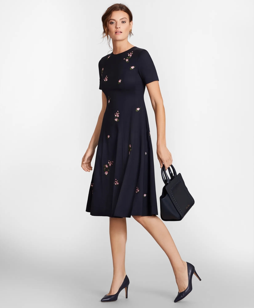 Floral-Embroidered Stretch Wool Dress, image 3