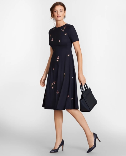 Floral-Embroidered Stretch Wool Dress, image 3