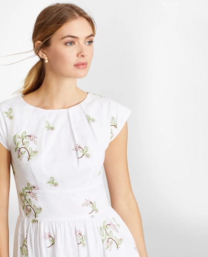 Floral-Embroidered Plaid Jacquard Cotton Dress, image 2