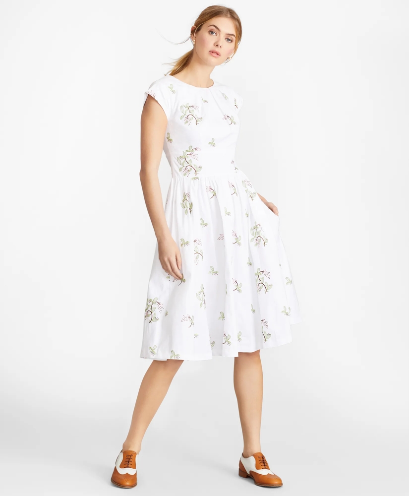 Floral-Embroidered Plaid Jacquard Cotton Dress, image 3