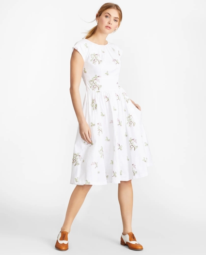 Floral-Embroidered Plaid Jacquard Cotton Dress, image 3