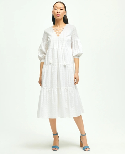 Cotton Tiered Eyelet Tie Neck Dress, image 1