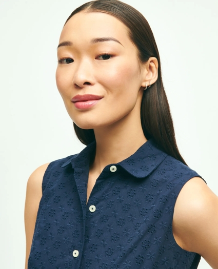 Sleeveless Cotton Eyelet Belted Shirt Dress, image 3