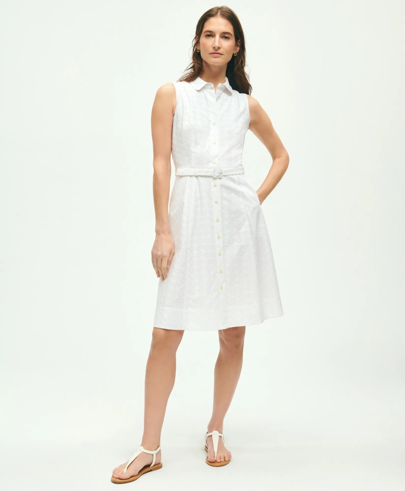 Sleeveless Cotton Eyelet Belted Shirt Dress, image 1