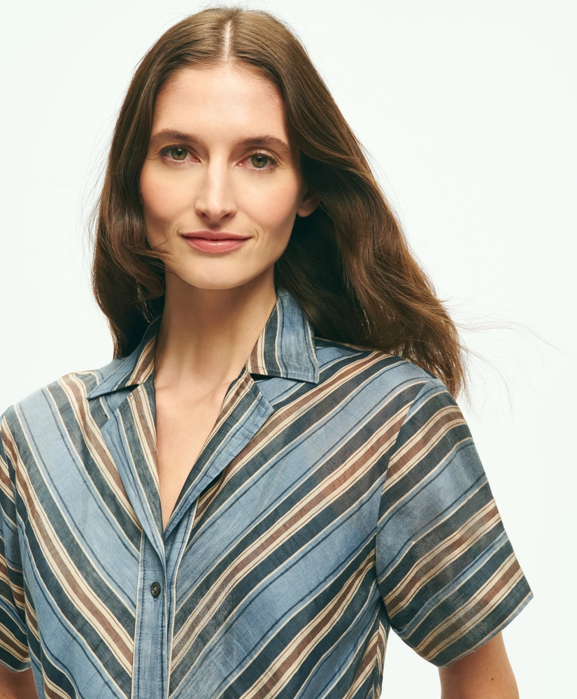 Nipped-Waist Chevron Shirt Dress In Linen Blend
