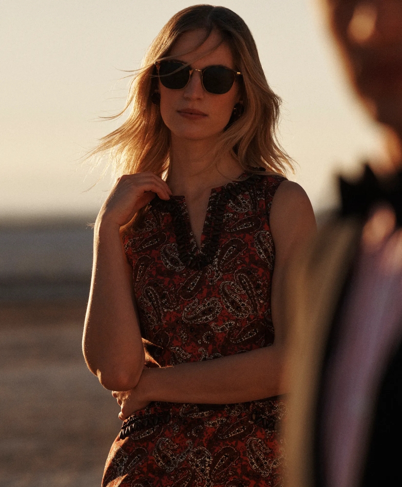 Paisley Split-Neck Beaded Sheath Dress In Cotton Blend, image 6