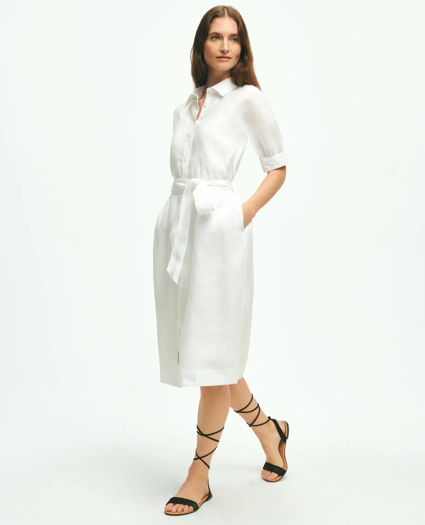Puff Sleeve Belted Shirt Dress In Linen, image 1