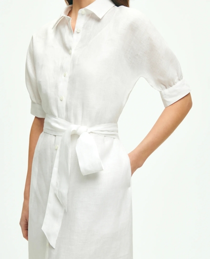 Puff Sleeve Belted Shirt Dress In Linen